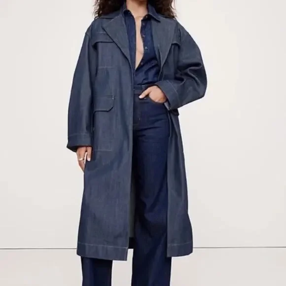 Banana Republic Dark Denim Long Trench Coat Dark Rinse Modern Classic NWT Sz S - Picture 1 of 11